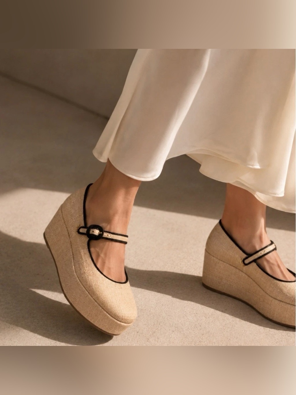 Larroude Blair Flatform Mary Janes Beige Raffia New